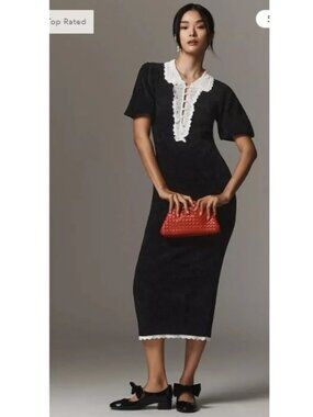 By Anthropologie Black Crochet Lace Collar Puff Sleeve Midi Dress – XL(NWOT)